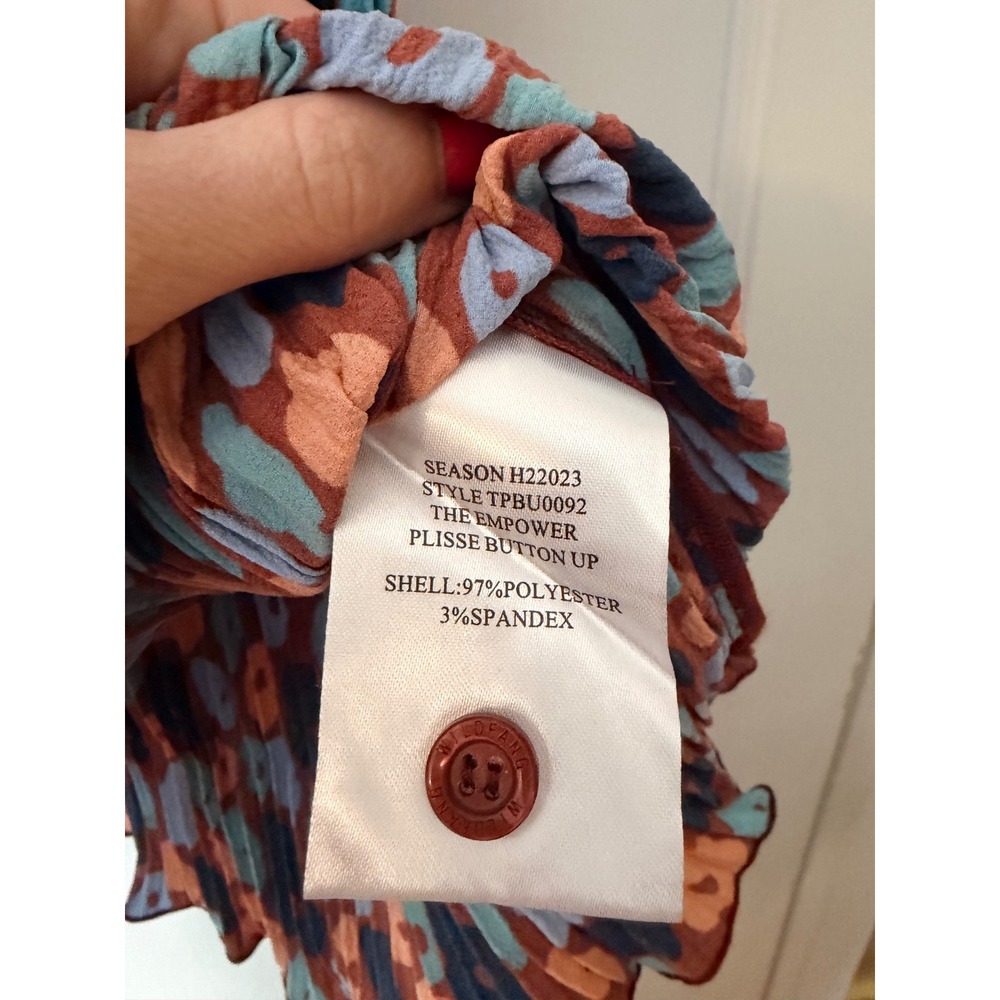 Wildfang The Empower Plisse Button Up Sleeveless Top Abstract Floral Orange Blue - Picture 4 of 5
